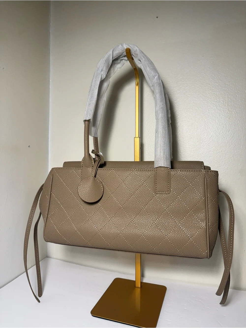Taupe Quilted Shoulder Bag with Top Handle